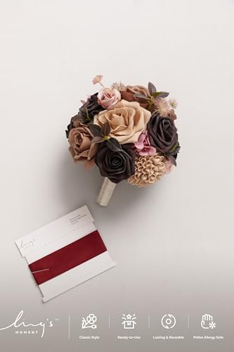 Ling's moment Earth Brown & Black Baccara Artificial Wedding Flower Bouquets for Bridesmaids Brown Floral Bouquet Bridesmaid Bouquets with Ribbon Ceremony Anniversary,7-inch Diameter - color: Br-earth Brown & Black Baccara