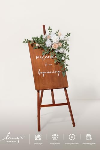 Ling's Moment Wedding Artificial Welcome Sign Flowers Swag Arch Floral Garland Decorations White & Sage for Ceremony Reception Entrance Entryway Party Banquets Easel Wall Home Outdoor(NOT Include Sign - color: White & Sage & Blush