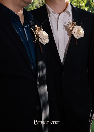 Beige&Gold Boutonniere for Men,Prom boutonnieres,Groom and Groomsmen Boutonniere for Wedding Ceremony Anniversary, Formal Dinner Party and Grad Night (Set of 6) - color: Beige&gold, size: set of 6
