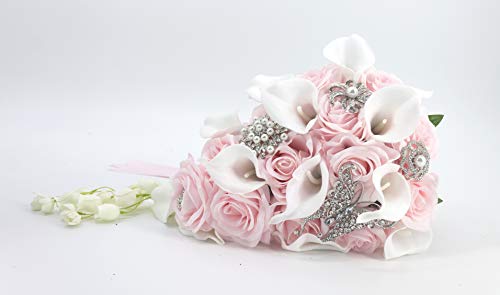 Ansuma White Calla Lily and Rose Cascading Bride Bouquet Waterfall Wedding Flower - Lily Rhinestone Jewelry Brooches and Satin Ribbon Décor (Pink) - color: Pink