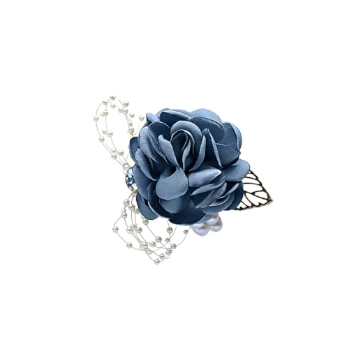 Bridesmaid Wrist Corsage Bridal Silk Wrist Flower with Faux Pearl Bead Stretch Bracelet Wristband Gold Leaf for Wedding Prom Hand Flowers Decor - color: Gray Blue, size: Pack of 1