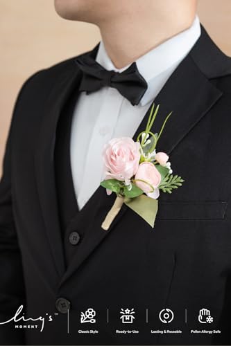 Ling's moment Boutonniere for Men, 6pcs Groom Groomsmen Boutonniere, Artificial Flowers for Wedding Decor/Prom/Homecoming, etc.Blush Pink - color: Pk-blush & Pink