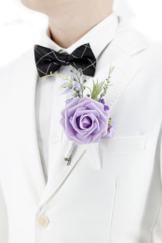 1 Pc Sinlge Lilac Purple Boutonniere for Men for Wedding Groom Groomsmen Artificial Rose Rose Flowers Boutonniere for Wedding Ceremony Anniversary Formal Dinner Party - color: Lilac Purple, size: 1 Pack