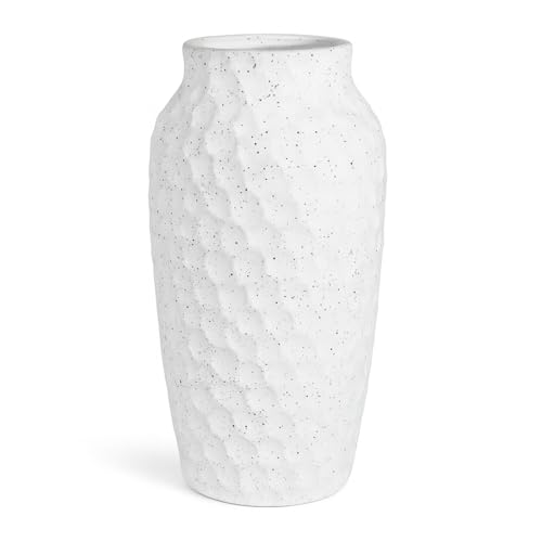 White Ceramic Vase for Flowers, Textured Speckled Hammered Finish Decorative Vase for Living Room, Table Centerpiece & Modern Home Decor - color: White, size: 12.4 Inch