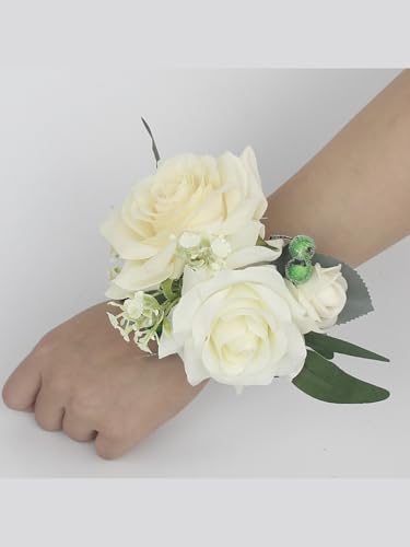 Rinlong 2Pcs White Rose Wrist Corsage for Wedding, Prom, Homecoming | Bridesmaid Wristlet, Mother of the Bride Flower Corsage - color: 03-white Green