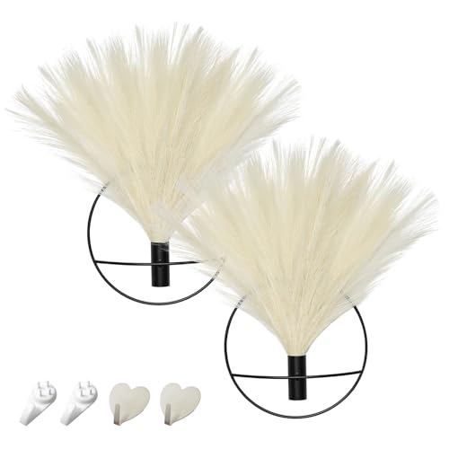 Pretty Jolly Boho Wall Decor - Hanging Artificial Pampas Display for Living Room, Bedroom, Bathroom, Dining Room - Wall-Mounted Metal Art Plant Decor, 2 Pack Black - color: 04-pampas-beige - Black Ring, size: S 7.8inch (Black Ring)