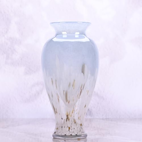 11.8" Tall Blown Blue Glass Vase, Colorful Opaque Glass Vase, Unique Design Wide Mouth Art Decoration for Home, Living Room, Dining Table, Pampas Grass Decor (Blue White) - color: Blue White