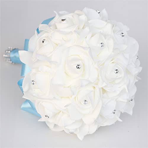 Yoanshop Wedding Bouquets for Brides or Bridesmaids Crystal Silk Roses Bridal Bridesmaid Wedding Hand Bouquet Artificial Fake Flowers (Light Blue) - color: Light Blue