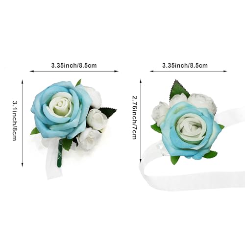 Wrist Corsage and Boutonniere Set, Artificial Rose Corsage Wristlet and Boutonniere for Wedding Prom Party (Blue, 2 Boutonniere&2 Wrist Corsage) - color: Blue, 2 Boutonniere&2 Wrist Corsage