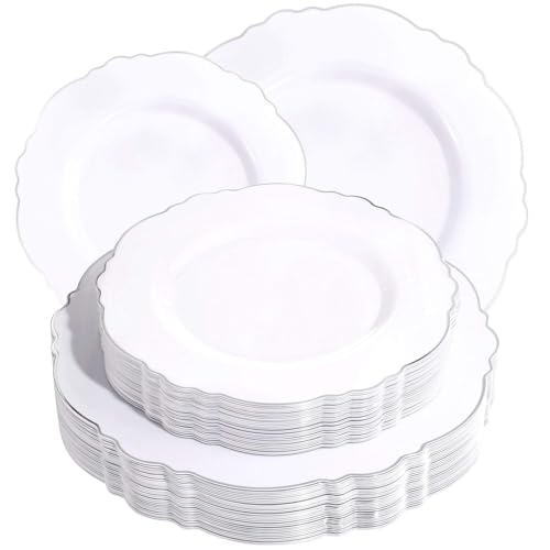 WDF 60pcs Silver Plastic Plates-Baroque White &Silver Plates for Upscale Parties &Wedding-including 30Plastic Dinner Plate 10.25inch, 30 Salad Plate 7.5inch for Baby/Shower/Wedding/Independence Day - color: Silver, size: 60PCS