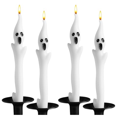 Halloween Ghost Candles Set, Cute Spooky White Taper Candles with Ghost Face for Halloween Decorations, Haunted House, Party Table Centerpiece, Gothic Home Decor, Trick or Treat Supplies (4PCS)