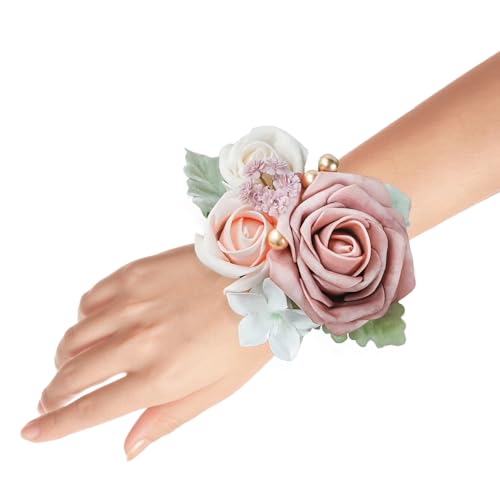 Set of 2 Wrist Corsage Wristlet for Wedding Bridesmaid Mother Grandmother for Bridal Shower Wedding Artificial Roses Flower Prom Dusty Blush Pink - color: Dusty Blush Pink