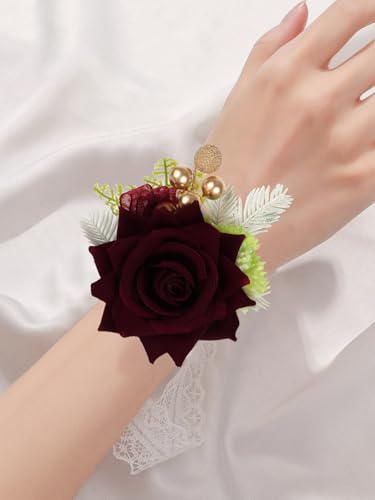 2PCS Burgundy Corsage and Boutonniere Set, Rose Wrist Corsage for Brides Corsage Wristlet for Prom Decor, Groom Boutonniere Set for Men Wedding Anniversary Flowers Party Suit Decoration (Red) - color: Burgundy