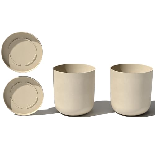 Veradek Mason Series Lima Planter - Round Planter for Indoor or Outdoor Porch/Garden | Made from Plastic-Stone Composite with Drainage Holes | Modern Décor for Succulents, Flowers, Small Plants - color: Sand, size: 20 inches - 2 Pack with Saucers