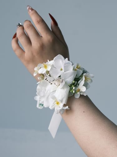 White Rose Wrist Corsage and Boutonniere Set with Ribbon Ties Wedding Prom Formal Accessories (White Style 3) - color: White Style 3