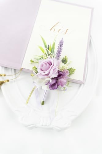 2 Pcs Wrist Corsage and Boutonniere Set, Lavender Purple Corsage for Wedding, Boutonniere for Men Artificial Rose Flower Wristlet Bracelet Prom Ceremony Anniversary Accessories Decor Suit - color: Lavender Purple