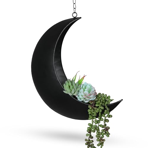 Black Hanging Moon Planter with Drain Holes - Moon Room Decor - Unique Planters for Succulents,Air Plant, Cactus, Artificial Plants- Plant Lover Gifts - Boho,Hippie, Birthdays,Witchy Gifts for Women - color: Black Moon With Drain Holes