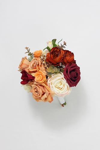 Rinlong Burnt Orange Bridesmaid Bouquet, Terracotta Fall Wedding Bouquets | Silk Bridal Bouquet, Prom, Homecoming, Destination Friendly - color: 13-terracotta & Gold