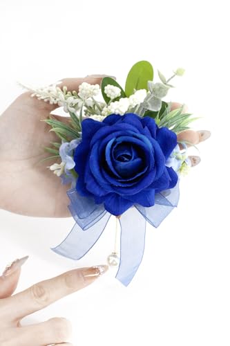 Royal Blue Corsage and Boutonniere Set, Corsage Wristlet for Women and Boutonniere for Wedding Prom Homecoming, Artificial Rose Flowers Boutonniere and Wrist Corsage - color: Royal Blue