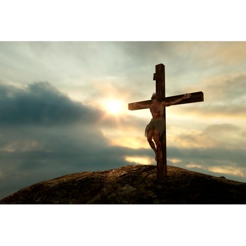Jesus Christ Cross Backdrop Cross on The Mountain Sunrise Sunset Sky Photography Background Sepulcher Lord Pray Christian Belief Backdrop Church Event Easter Crucifixion Party Decors 5x3ft - color: Black_Grey, size: 5x3ft