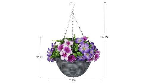 KIHO Artificial Hanging Flower Plant with Basket for Spring Summer Outdoor Decoration, Low-Maintenence Beautiful Petunia Flowers with Eucalyptus Leaves Perfect for Home (Pink and Purple) - color: Pink and Purple