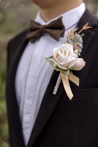 Fnize Champagne Boutonniere for Men, 6 Pcs Groom Groomsmen Boutonnieres, Artificial Flowers for Wedding Prom Homecoming - color: Champagne