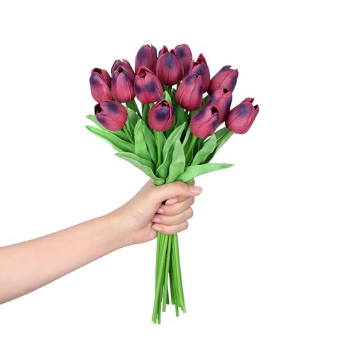 SITUMEIZI 15pcs Tulips Fake Burgundy Artificial Flowers Real Touch 14" PU Flower for Home Decor Easter Spring Wedding Bouquet Decorations Mother's Gift Day Floral Arrangements - color: Burgundy
