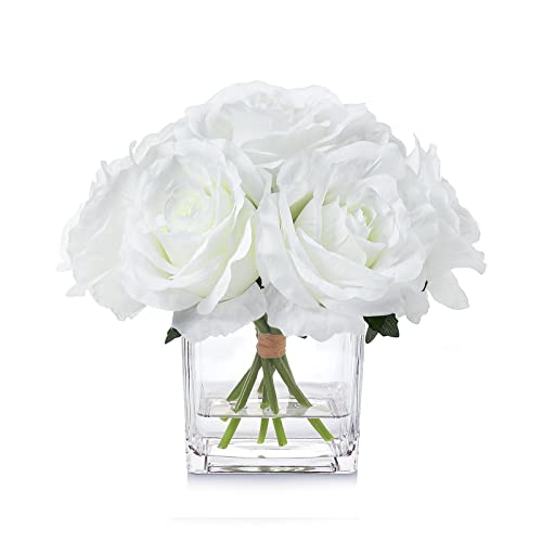 7 Large Stem Rose Artificial Flowers in Vase, Silk Floral Arrangement in Vase with Fake Water for Home Decor, Wedding Table (Cream) - color: White