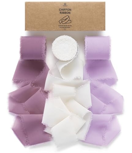 Vitalizart Chiffon Silk Ribbon Handmade Fringe 1.5" x 21 Yd Lavender Light Purple Lilac Frayed Edges Ribbons for Wedding Invitations Bridal Bouquets Gifts Wrapping Crafts Holiday Party Decorations - color: Lavender & White