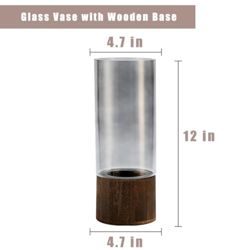 Artistic Wood Glass Vase, 12" H, Large Wooden Base Cylindrical Flower Vase, Classic Boho Rustic Style for Fireplace Bedroom Kitchen Living Room Centerpieces Office Desk