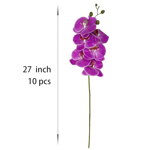 10 Pack Purple Orchid Artificial Flowers Real Touch, 27'' Artificial Fake Faux Silk Orchid Stem Bouquets for Wedding Party Home Garden Decor,Orquideas Artificiales para Decora (excluding the vase) - color: Purple