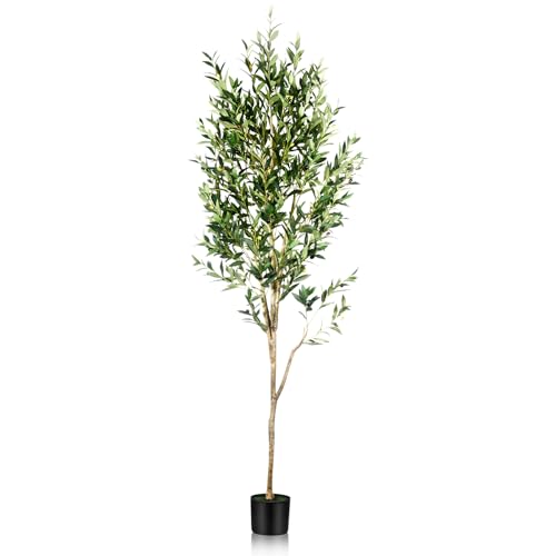 7FT Olive Tree Artificial Indoor - Tall Faux Olive Tree with Wood Trunk and Lifelike Fruits - Fake Plants in Pot for Home Office Living Room Decor - size: 7ft