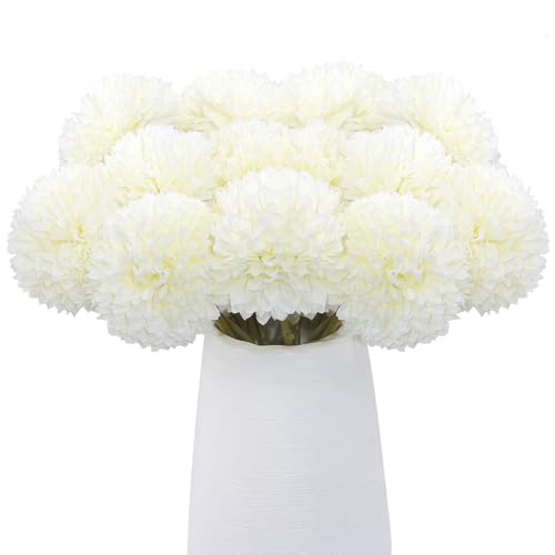 Rowfad 12 Pcs Artificial Chrysanthemums Flowers Silk Ball White Flowers Fake Mums Spring Flowers for Valentine‘s Day Wedding Home Decor (12, White) - color: White