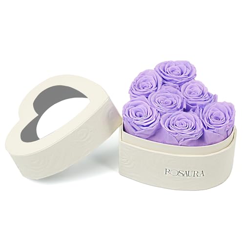 Rosaura Heart-Shaped Preserved Roses Gift Box - Real Forever Flowers for Christmas, Birthday, Valentine's & Mother's Day (Light Purple, 7 roses) - color: Light Purple, size: 7 roses