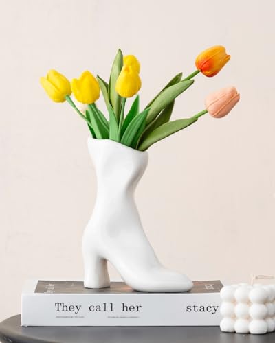 Ceramic Boot Vase for Modern Home Decor,7.9" High Heel Bootie Flower Vase,Quirky Funky Aesthetic Room Decor,Trendy Coffee Table Centerpiece for Women(White) - color: White