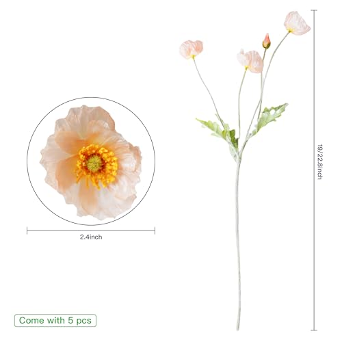 Artificial Poppy Flowers, 5 Bundles Faux Poppies with Stems for Floral Arrangements - Wedding, Home, Office, Party Table Centerpiece Decor (Light Peach) - color: Light Peach