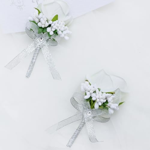 White Rose Boutonniere for Men, Set of 2, Groom and Best Man Artificial Boutonnieres, for Wedding Anniversary Ceremony Dinner Prom Party Flower Decorations - color: 2 Boutonnieres White