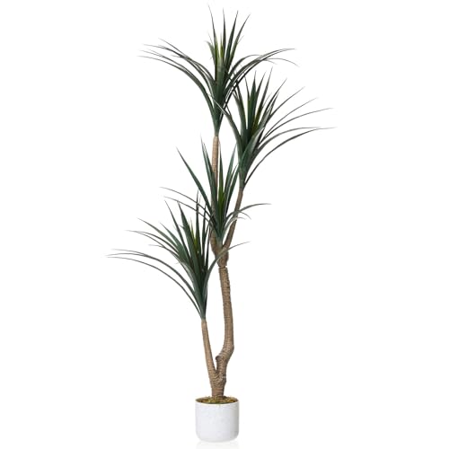 5.4FT Tall Artificial Dracaena Tree in White Pot, Evergreen Faux Dragon Yucca Plant Tree, 65in Tall Indoor Fake Yucca Tree Decorative Potted Floor Plant, for Living Room Entryway Porch Office