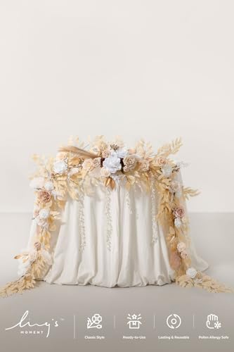 Ling's Moment 9FT Flower Garland for Backdrop Decorations - Wedding Arch Flowers, Eucalyptus & Rose, Artificial Floral Garland for Mantel - Sweetheart Table Decor for Ceremony Reception, White & Beige - color: Wht-white & Beige
