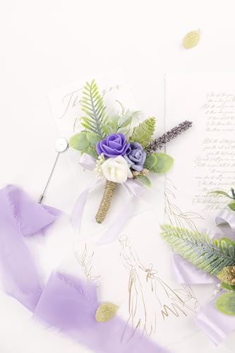 Purple Corsage and Boutonniere Set Wrist Corsage Wristlet for Prom Groom Flower Boutonniere for Men Wedding Party Homecoming Accessories Suit - color: Purple