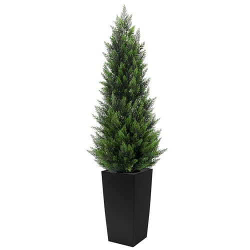 5FT Tall Artificial Cedar Topiary Tree with Compact Pyramidal Shape, Realistic Faux Cypress in Square Black Pot with Fillable Water Bag, Outdoor Evergreen for Front Porch Garden Home Decor - color: Black-pyramid Topiary, size: 5ft-1pack
