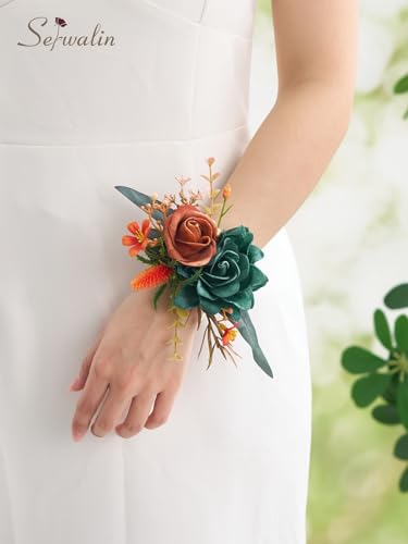 Serwalin 2 Pcs Wrist Corsage, 6-7 Inch Teal Orange Corsage for Wedding, Bridesmaid Mother Grandmother, Artificial Flowers for Prom Ceremony Anniversary - color: Teal Orange, size: Corsage-2pcs