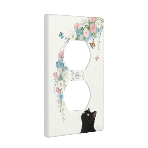 Decorative Art Light Switch Covers Black Cat Hanging Blooms 1 Gang Single Duplex Outlet Wall Plate Switchplate Electrical Faceplate for Home Decor - color: Black Cat Hanging Blooms, size: 1-Gang Duplex Outlet / 5 x 3 IN