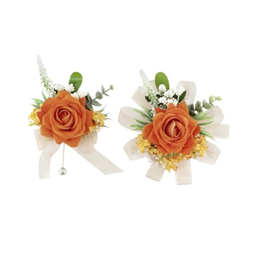 Orange Corsage and Boutonniere Set, Corsage Wristlet for Women and Boutonniere for Wedding Prom Homecoming, Artificial Rose Flowers Boutonniere and Wrist Corsage - color: Orange