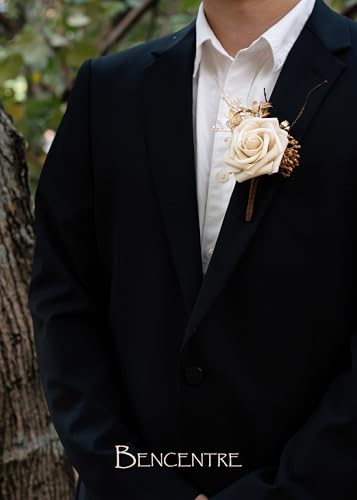 Beige&Gold Boutonniere for Men,Prom boutonnieres,Groom and Groomsmen Boutonniere for Wedding Ceremony Anniversary, Formal Dinner Party and Grad Night (Set of 6) - color: Beige&gold, size: set of 6