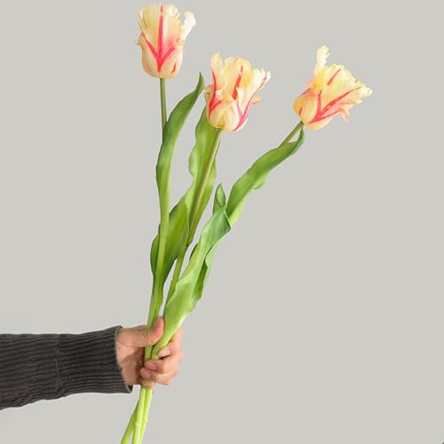 3PCS Artificial Parrot Tulips Made of Silk Flowers and Plastic Rods, Ideal for Living Room, Dining Room, Office, Festival and Party Decorations (Light Yellow) - color: Light Yellow