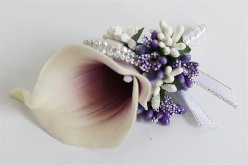 White Purple Calla Lily Boutonniere for Men Wedding with Pins, Artificial Flower Groom Groomsman Boutonniere for Wedding Prom Party Homecoming Ceremony Anniversary Suit Decor (1, White Purple) - color: White Purple