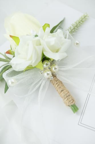 White Corsage and Boutonniere Set for Wedding Prom, Artificial Rose Flower Homecoming Corsage Wristlet, Boutonniere for Men Wedding Suit Decor - color: White