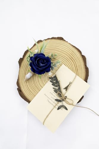 Ansofi Navy Blue Corsage and Boutonniere Set Artificial Rose Flower Wrist Corsage and Boutineers for Groom Groomsmen Bride Bridesmaids Prom Rustic Vintage Wedding Decor - color: Navy Blue