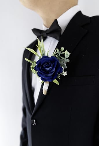Ansofi Navy Blue Corsage and Boutonniere Set Artificial Rose Flower Wrist Corsage and Boutineers for Groom Groomsmen Bride Bridesmaids Prom Rustic Vintage Wedding Decor - color: Navy Blue